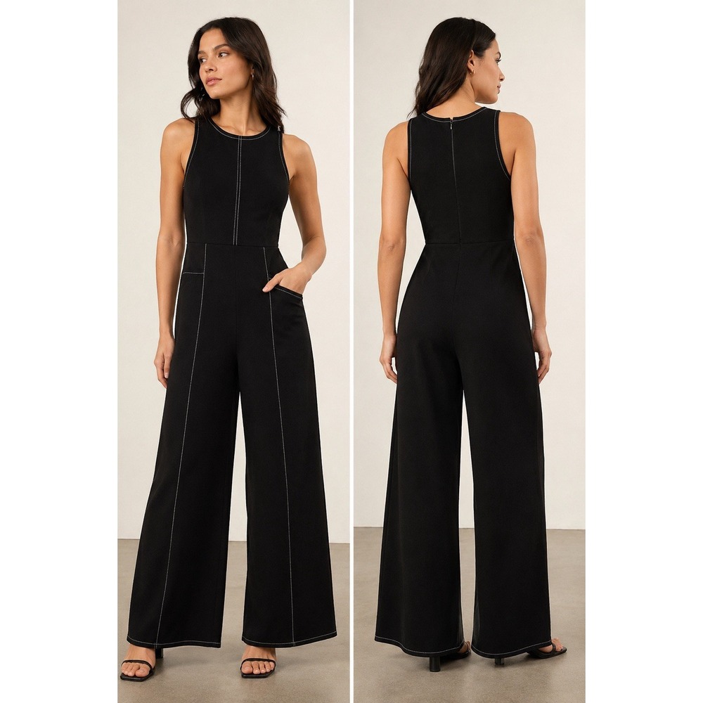 GREYLIN Black Wide Leg Jumpsuit MP Petite Contrast Stitch Sleeveless Utility